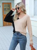 vlovelaw  Two-tone V Neck Pullover Sweater, Casual Long Sleeve Sweater For Spring & Fall, Women's Clothing