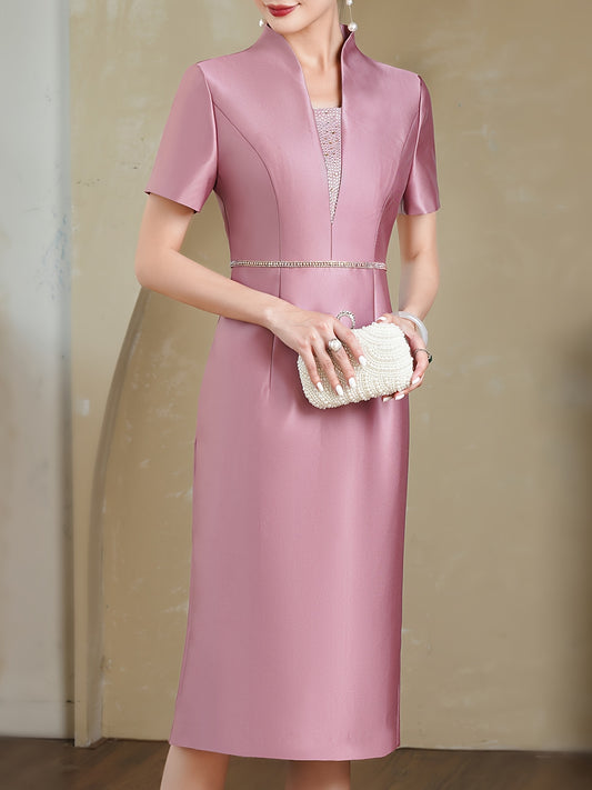 vlovelaw  Rhinestoned Contrast Trim Dress, Elegant Short Sleeve Mandarin Collar Dress For Wedding Party, Women's Clothing