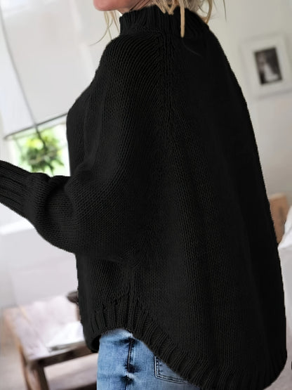 Cable Mock Neck Sweater, Vintage Batwing Sleeve Curved Hem Sweater, Women's Clothing