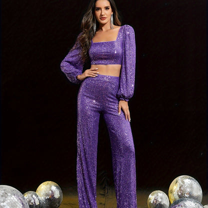 vlovelaw  Sequin Elegant Two-piece Set, Zip Back Square Neck Long Sleeve Top & Pants Outfits, Women's Clothing