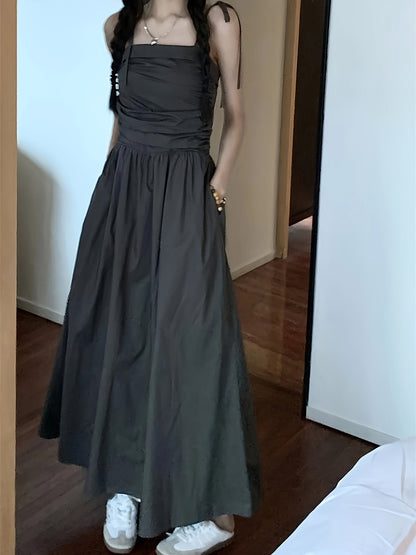 vlovelaw  Solid Ruched Cami Dress, Casual Sleeveless Lace Up Maxi Dress, Women's Clothing