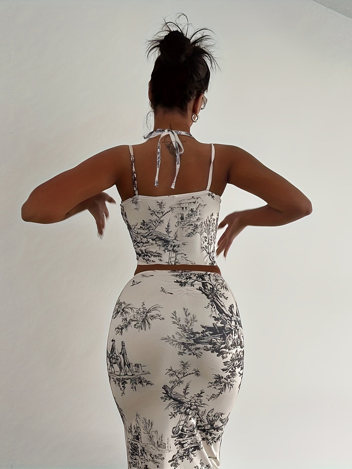 vlovelaw  Graphic Print Matching Two-piece Set, Sexy Sleeveless Top & Bodycon Skirt Outfits, Women's Clothing