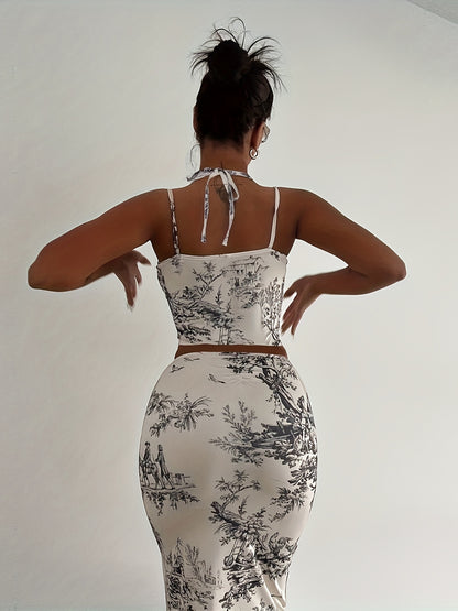 vlovelaw  Graphic Print Matching Two-piece Set, Sexy Sleeveless Top & Bodycon Skirt Outfits, Women's Clothing
