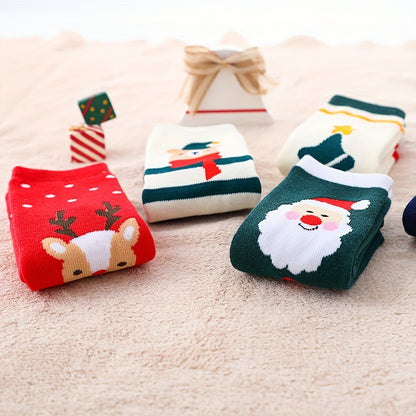 5 Pairs Of Girl's Unisex Cute Christmas Style Pattern Crew Socks, Comfy Breathable Casual Thermal Novelty Socks, All Seasons Wearing