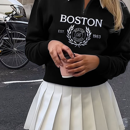 vlovelaw  Boston Print Zip Sweatshirt, Casual Long Sleeve Polo Collar Sweatshirt, Women's Clothing