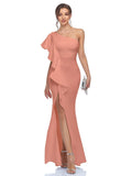 vlovelaw  Slant Shoulder Ruffle Trim Dress, Elegant Bodycon Asymmetrical Hem Dress For Party & Banquet, Women's Clothing