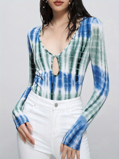 Tie Dye Deep V Neck Bodysuit, Casual Cut Out Long Sleeve Bodysuit, Women's Clothing