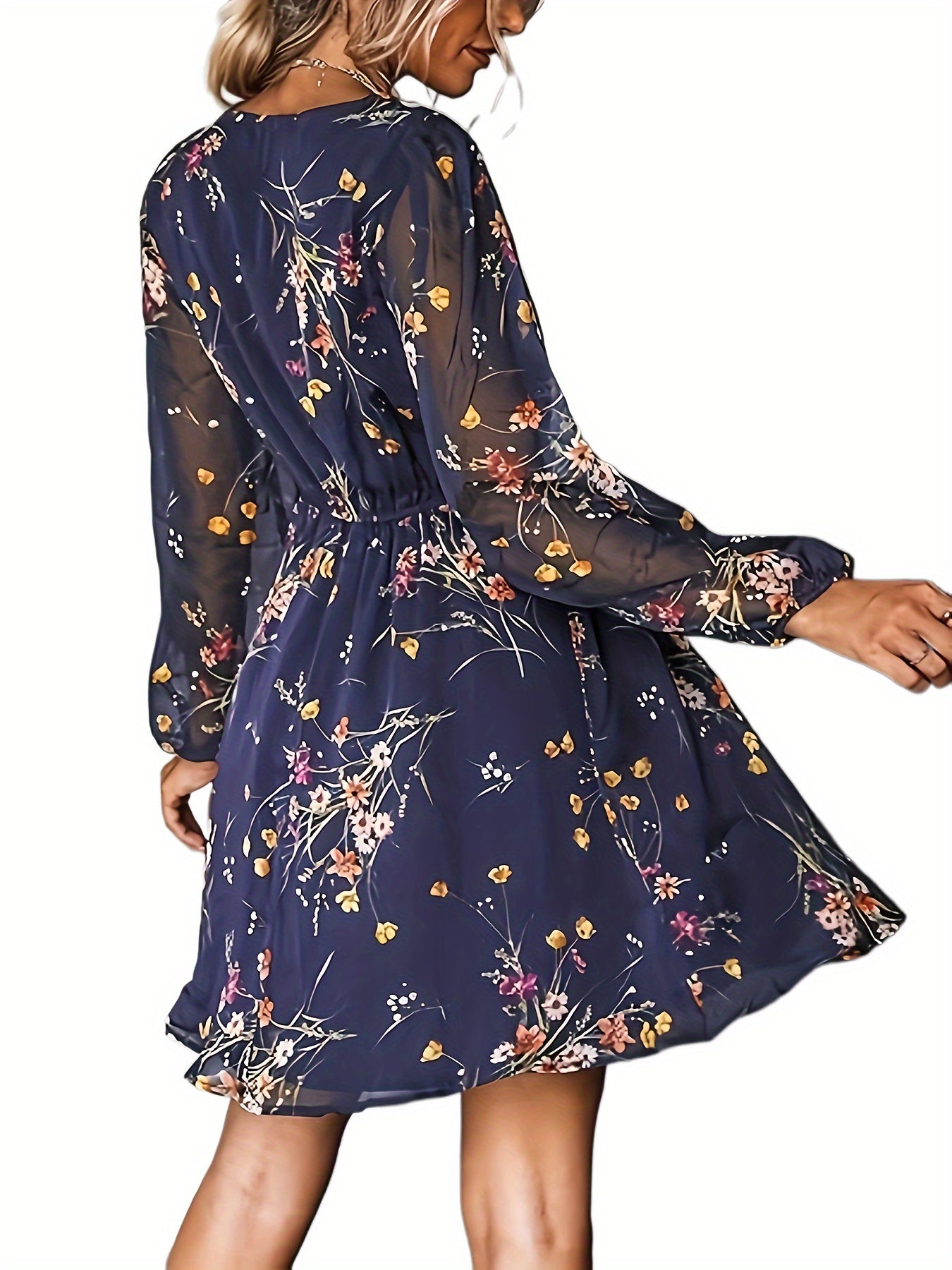 vlovelaw Floral Pint Surplice Neck Dress, Elegant Long Sleeve Mini Dress, Women's Clothing