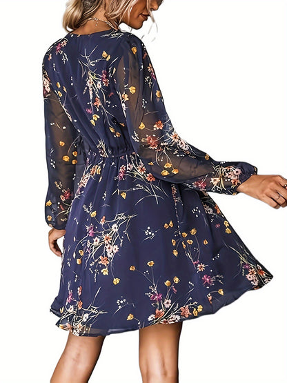 vlovelaw Floral Pint Surplice Neck Dress, Elegant Long Sleeve Mini Dress, Women's Clothing