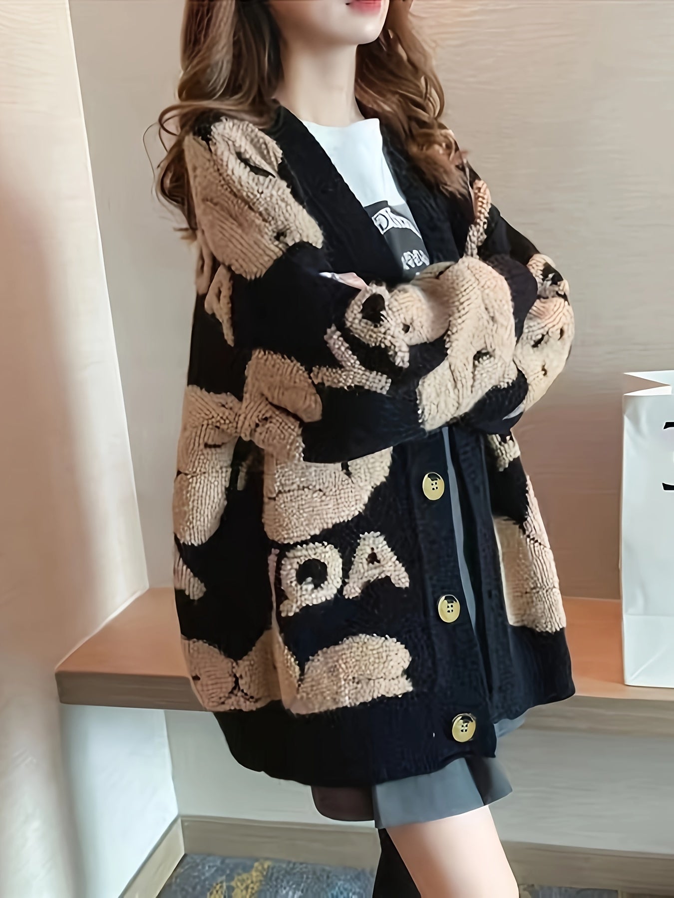 vlovelaw Bear & Letter Pattern Button Front Cardigan, Elegant Long Sleeve Drop Shoulder Outwear, Women's Clothing