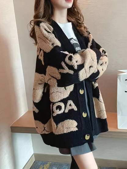 vlovelaw Bear & Letter Pattern Button Front Cardigan, Elegant Long Sleeve Drop Shoulder Outwear, Women's Clothing