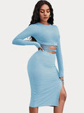 Solid Casual Two-piece Set, Tie Back Cropped Tops & Bag Hip Split Skirts Outfits, Women's Clothing