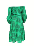 vlovelaw Paisley Print Off Shoulder Dress, Casual Ruffle Hem Long Sleeve Dress, Women's Clothing