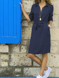 vlovelaw  Tie Waist Shirt Collar Dress With Pockets On Left Chest, Solid Casual Dress For Spring & Fall, Women's Clothing