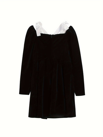vlovelaw  Color Block Tie Shoulder Velvet Dress, Elegant Long Sleeve Party Dress, Women's Clothing