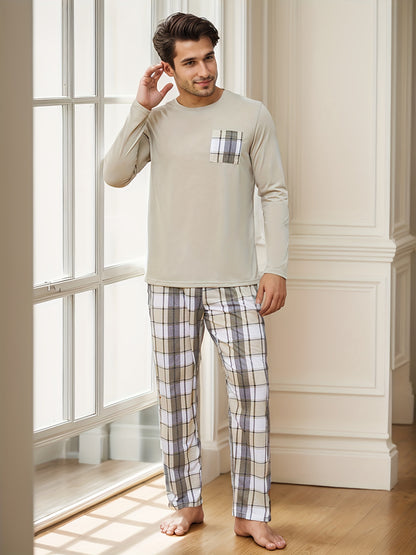 2 Pcs Men's Simple Plaid Pocket Round Neck Long Sleeve & Plaid Trousers Pajama Set, Comfortable & Skin-friendly Style Pajamas For Men's Cozy Loungewear