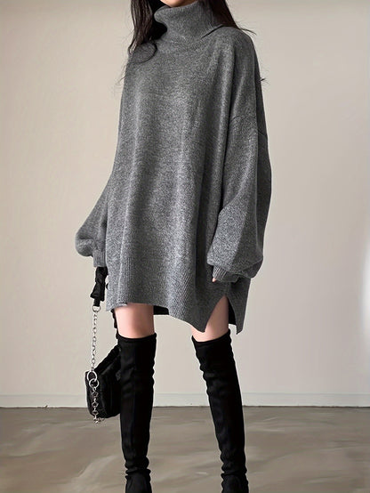 vlovelaw  Solid Turtle Neck Oversized Sweater, Casual Long Sleeve Split Sweater, Women's Clothing
