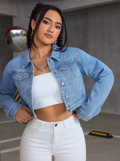 vlovelaw  Blue Long Sleeves Denim Jackets, Single Breasted Button Lapel Crop Denim Coats, Women's Denim Clothing