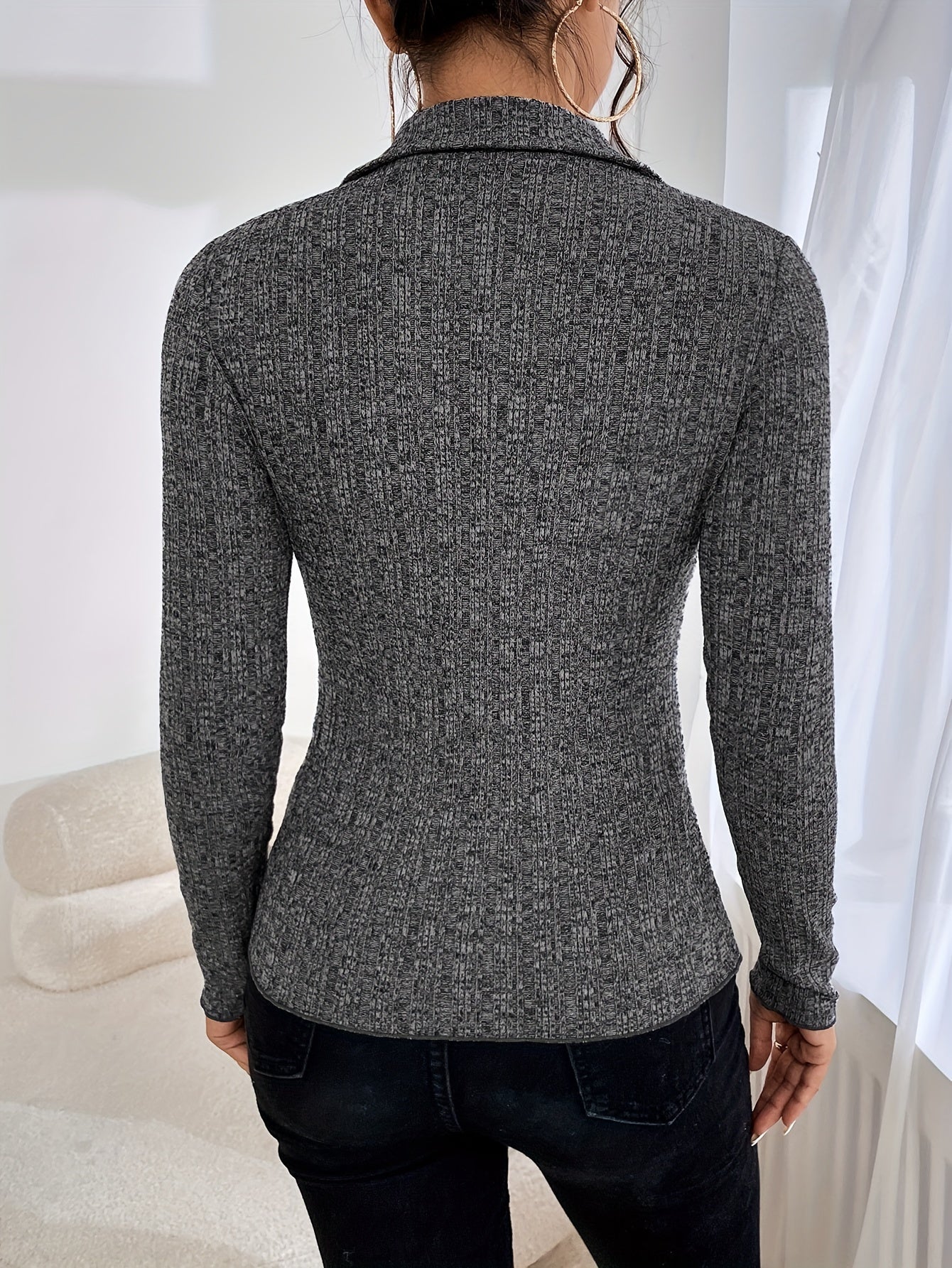 Solid Single Button Slim Top, Versatile Long Sleeve Top For Spring & Fall, Women's Clothing