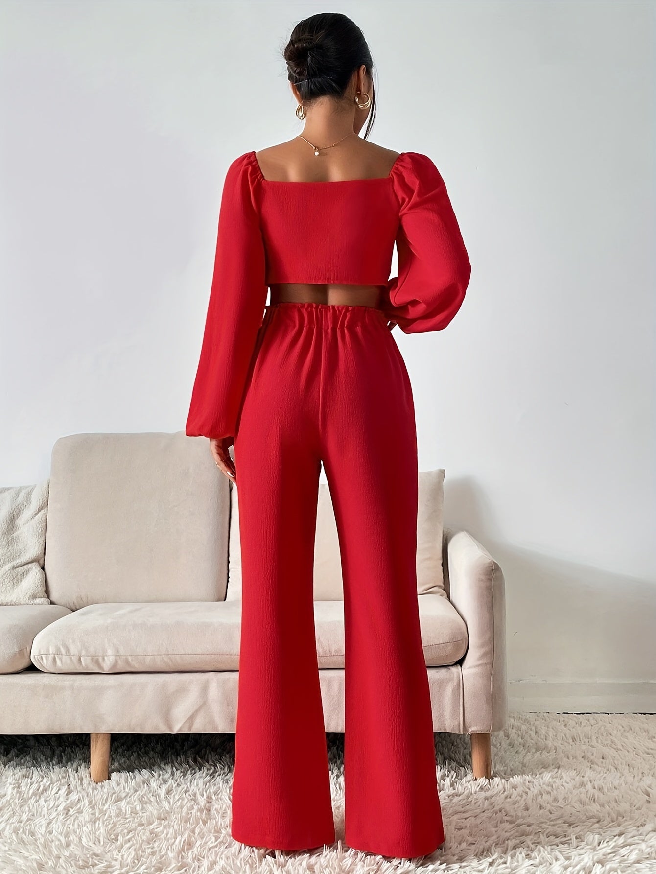 vlovelaw  Casual Solid Two-piece Pants Set, Long Sleeve Bow Front T-shirt & Loose Wide Leg Pants Outfits, Women's Clothing