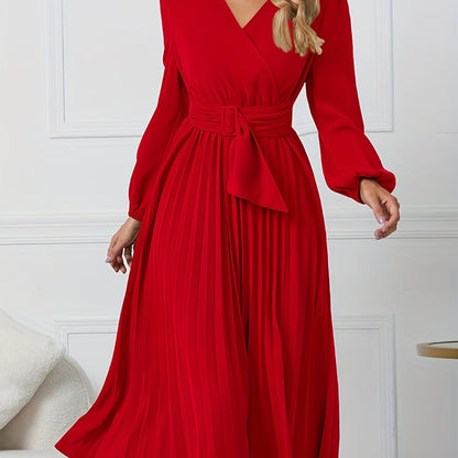 Solid Surplice Neck Belted Dress, Elegant Pleated Long Sleeve Midi Dress For Spring & Fall, Women's Clothing