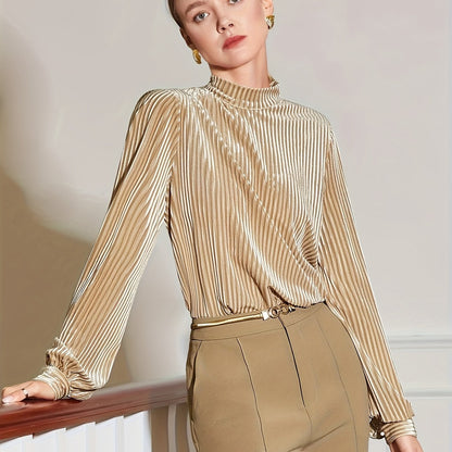 vlovelaw  Solid Mock Neck Velvet T-shirt, Elegant Keyhole Long Sleeve Top For Spring & Fall, Women's Clothing