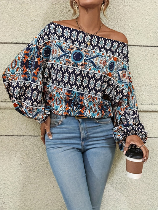vlovelaw Ethnic Graphic Print Blouse, Casual Off Shoulder Long Sleeve Blouse, Women's Clothing