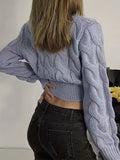 vlovelaw  Solid Crew Neck Cable Knit Sweater, Casual Long Sleeve Crop Pullover Sweater, Women's Clothing