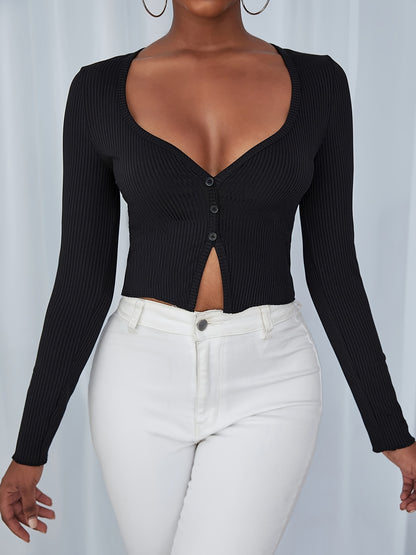 vlovelaw  Solid Rib-knit Button Up T-shirt, Casual Long Sleeve Top For Spring & Fall, Women's Clothing