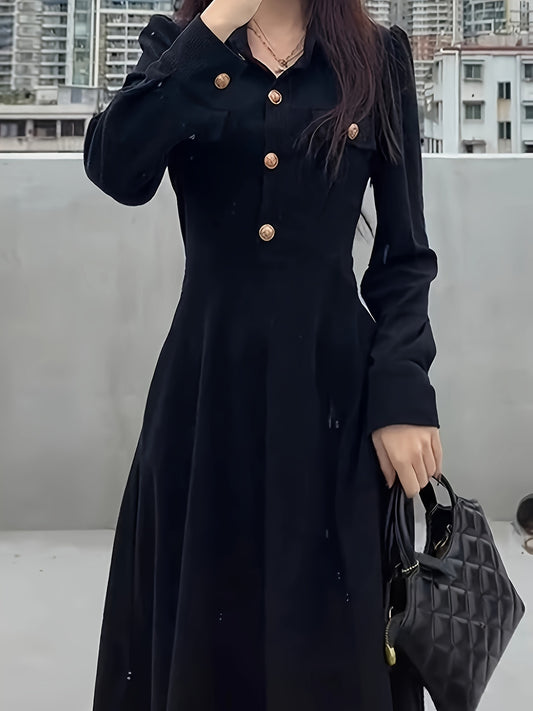 vlovelaw Single Breasted V-neck Slim Dress, Elegant Puff Sleeve Vintage Dress For Spring & Fall, Women's Clothing