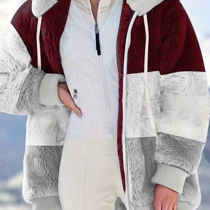 vlovelaw  Color Block Hooded Teddy Coat, Casual Zip Up Long Sleeve Winter Warm Outerwear, Women's Clothing
