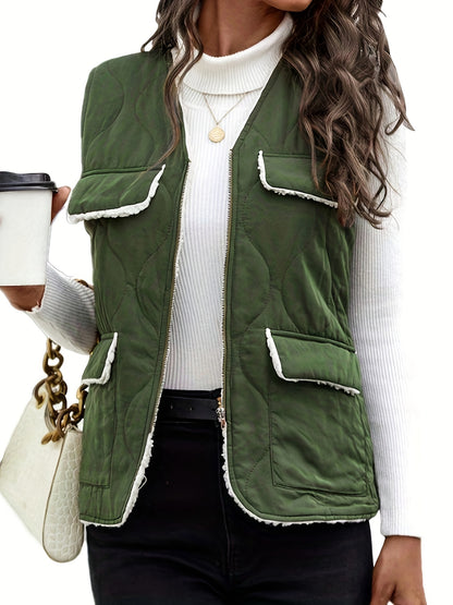 vlovelaw  V-neck Fleece Warm Sleeveless Jacket, Warm Zipper Vest For Winter Fall Outdoor Sports, Women's Clothing