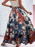 vlovelaw  Floral Print Maxi Skirt, Boho Holiday Beach High Waist Elastic Drawstring Skirt, Women's Clothing
