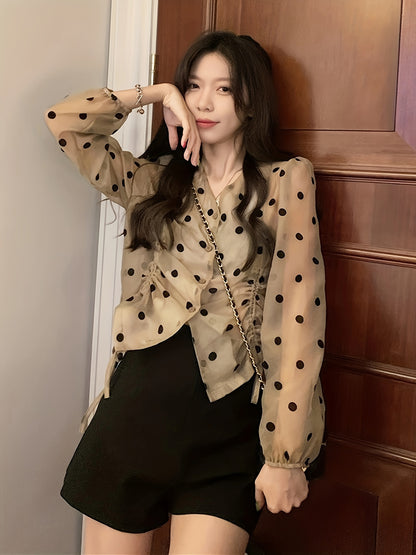 vlovelaw Polka-dot Print Button Front Blouse, Drawstring Long Sleeve Semi-sheer Top, Women's Clothing