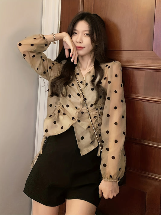 vlovelaw Polka-dot Print Button Front Blouse, Drawstring Long Sleeve Semi-sheer Top, Women's Clothing