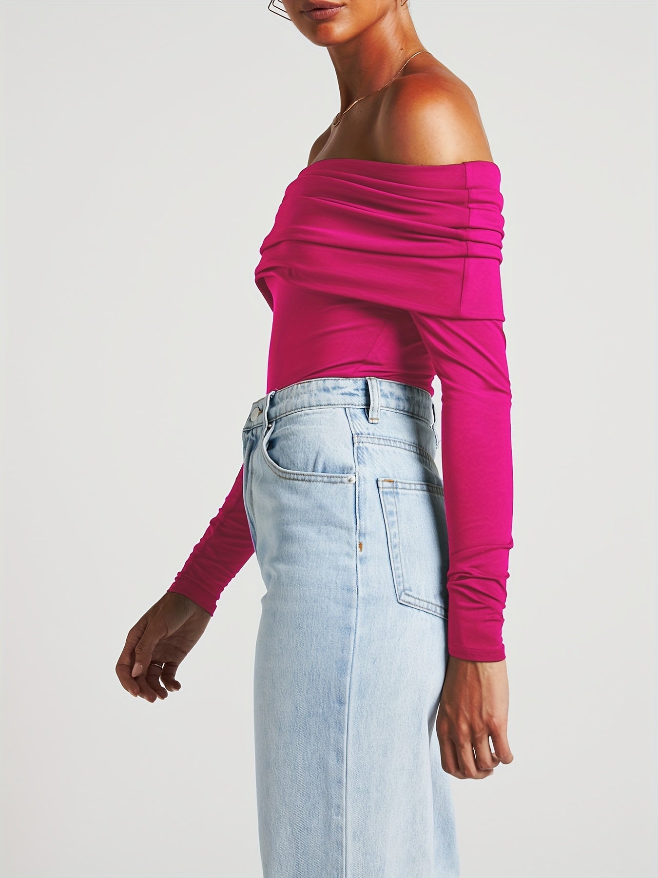 vlovelaw Solid Foldover Bodysuit, Sexy Off Shoulder Long Sleeve Bodysuit, Women's Clothing