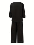 vlovelaw  Solid Casual Two-piece Set, V Neck Lantern Sleeve Tops & Wide Leg Pants Outfits, Women's Clothing