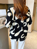 vlovelaw  Geo Print V-neck Loose Lapel Blouses, Casual Button Down Long Sleeve Fashion Shirts Tops, Women's Clothing