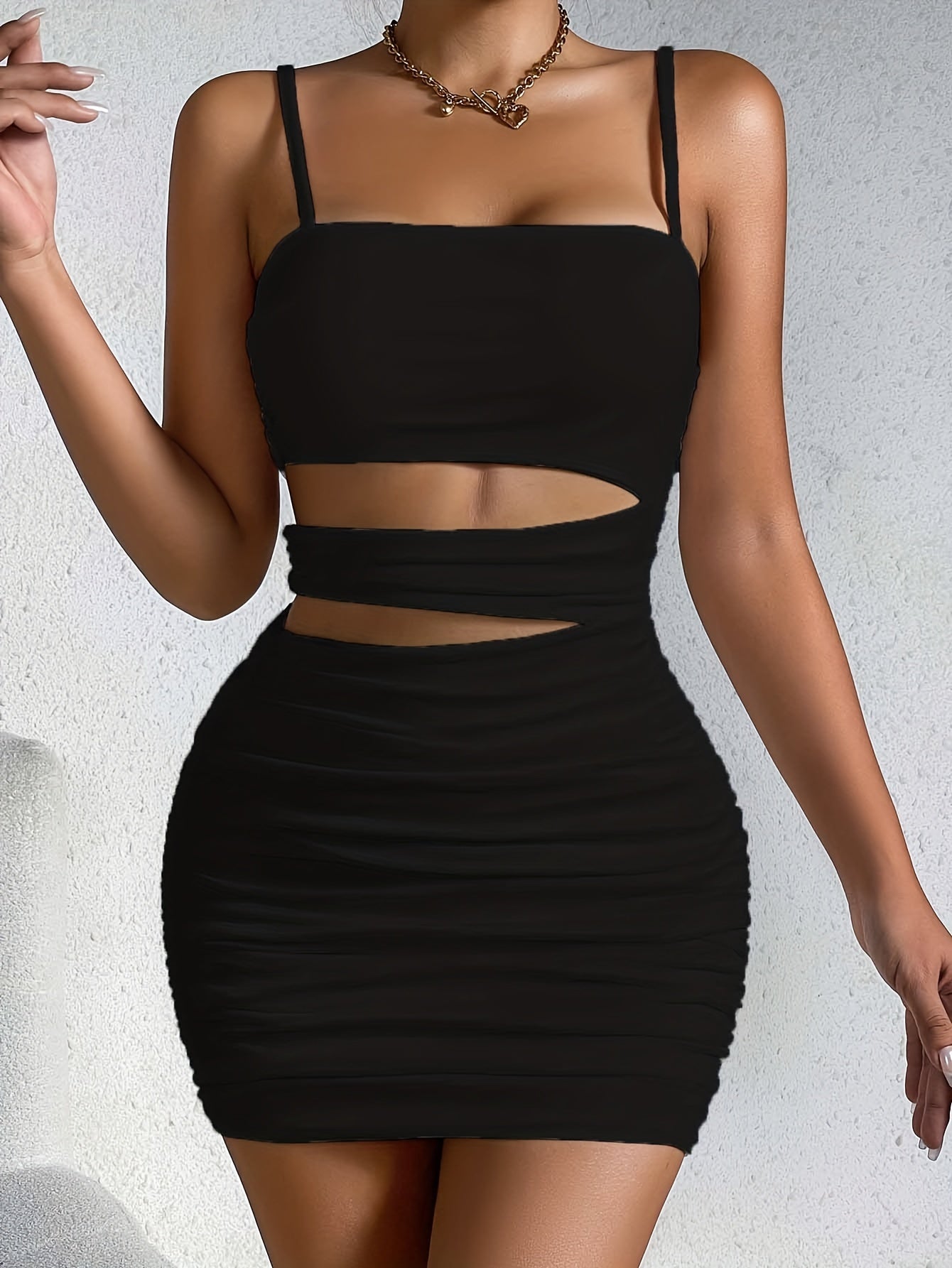 vlovelaw  Y2K Solid Hollow Bodycon Cami Dress, Sexy Spaghetti Dress For Spring & Summer, Women's Clothing