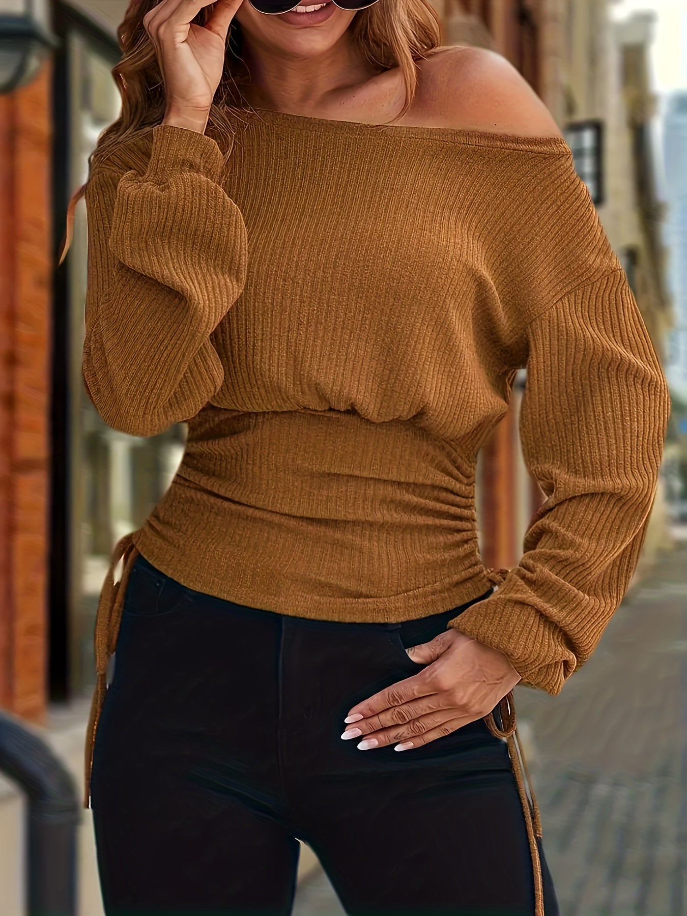 vlovelaw  Solid Boat Neck Knit Sweater, Casual Drawstring Side Long Sleeve Sweater, Women's Clothing