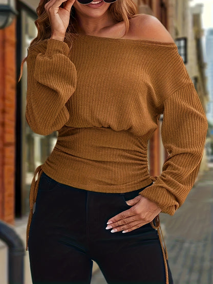 vlovelaw  Solid Boat Neck Knit Sweater, Casual Drawstring Side Long Sleeve Sweater, Women's Clothing