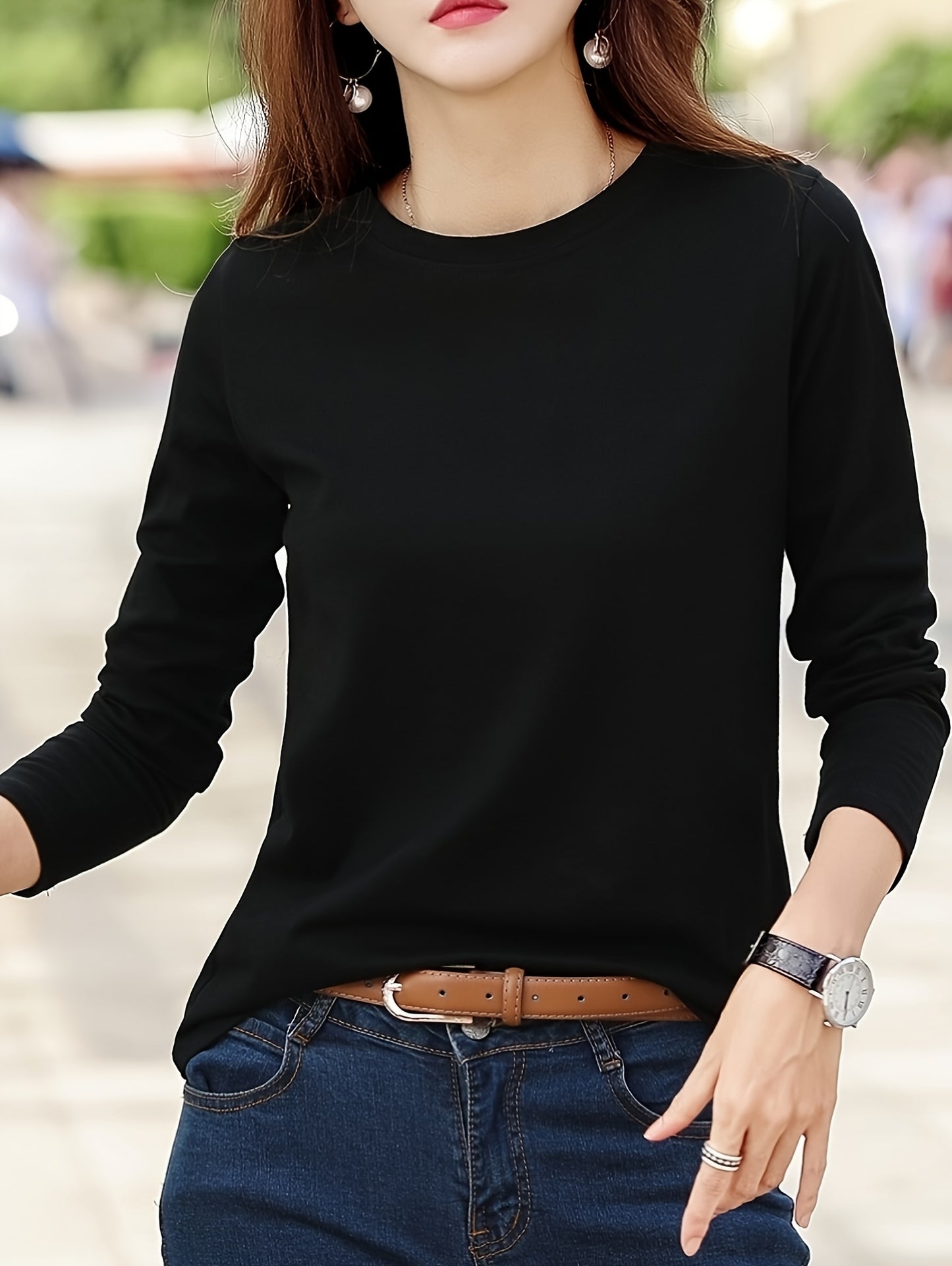 vlovelaw  Solid Color Crew Neck T-Shirt, Casual Long Sleeve T-Shirt For Spring & Fall, Women's Clothing