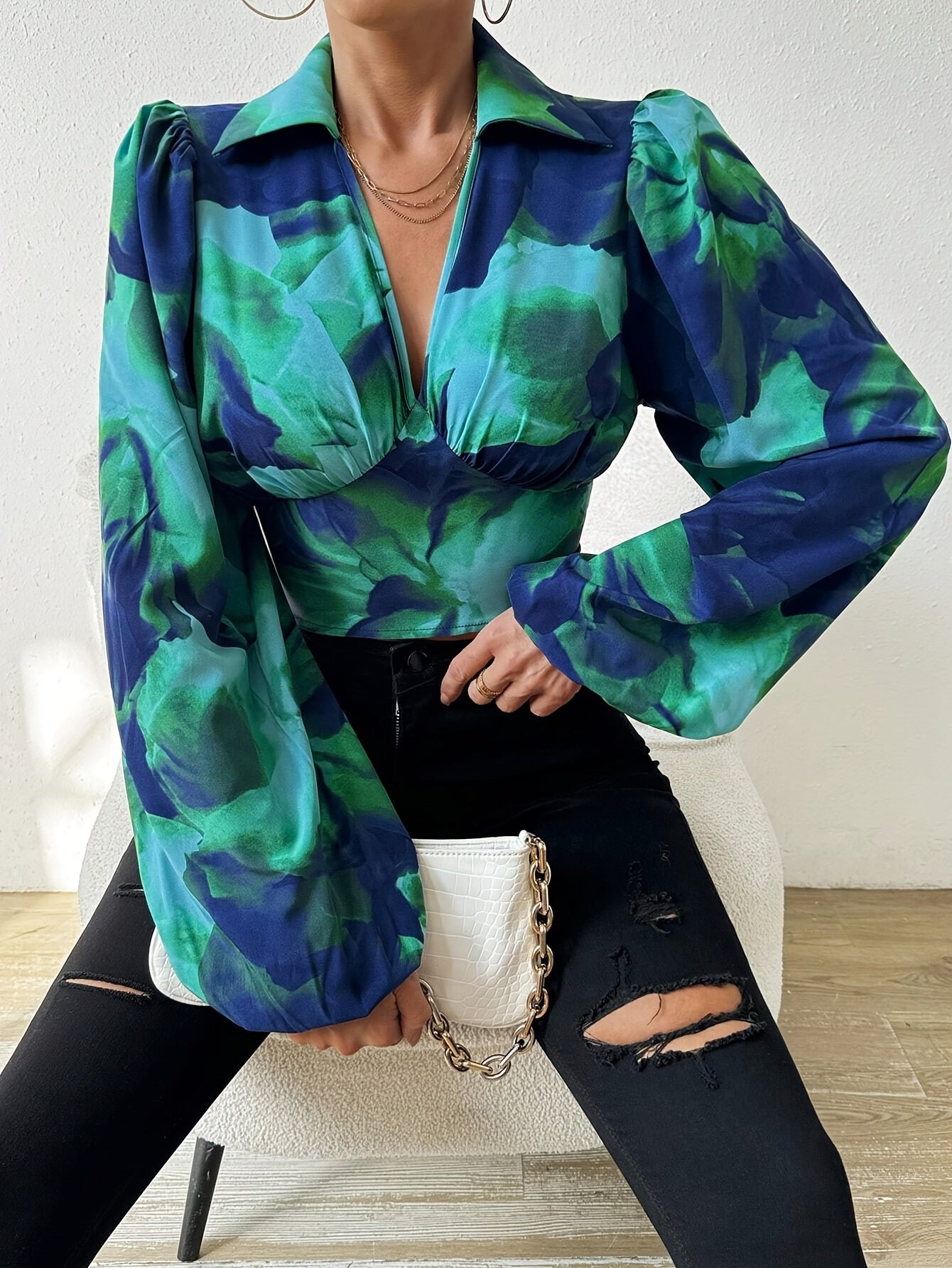 vlovelaw Tie Dye Print Lapel Neck Blouse, Elegant Cut Out Bow Back Ruched Bust Long Sleeve Blouse For Spring & Summer, Women's Clothing