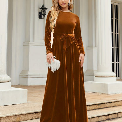 Solid Belted Ankle Dress, Elegant Boat Neck Long Sleeve Dress, Women's Clothing