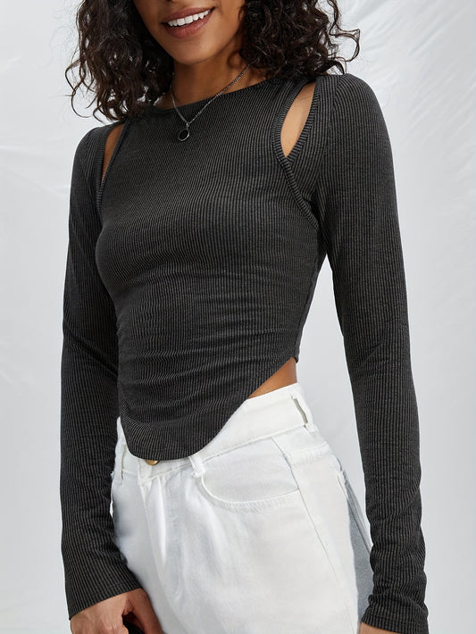 vlovelaw  Soldi Cut Out Curved Hem T-Shirt, Casual Long Sleeve T-Shirt For Spring & Fall, Women's Clothing