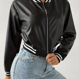 Faux Leather Crop Jacket, Y2K Zip Front Long Sleeve Jacket For Fall & Winter, Women's Clothing