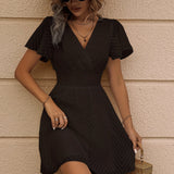 Solid Shirred Waist Dress, Elegant V Neck Flutter Sleeve Dress, Women's Clothing