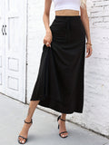 vlovelaw  Solid Drawstring Skirts, Casual & Simple High Waist Maxi Skirts, Women's Clothing