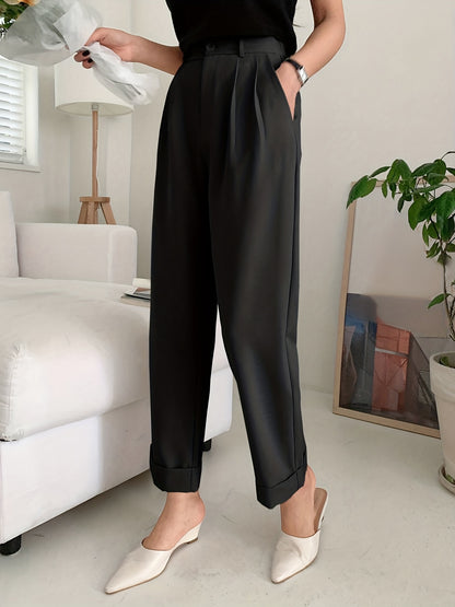 Solid Button Straight Leg Pants, Casual High Waist Draped Pleated Pants, Women's Clothing