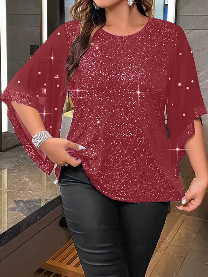 vlovelaw  Plus Size Irregular Sleeve Top, Casual Crew Neck Top For Spring & Summer, Women's Plus Size Clothing